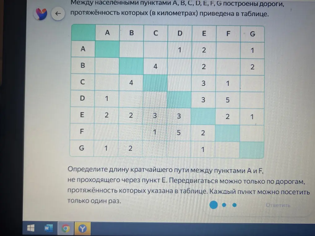 Определи длину кратчайшего пути между пунктами А и F, не проходящего через пункт Е.