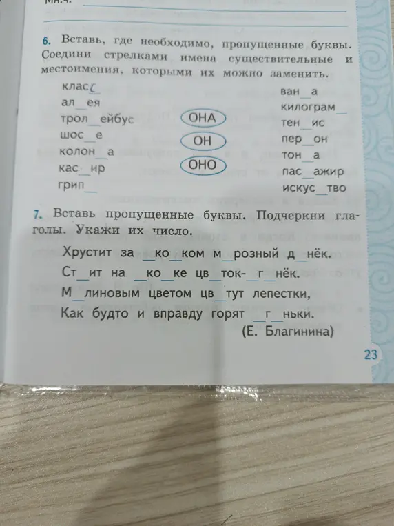 Вставь пропущенные буквы, соедини стрелками имена существительные и местоимения, которыми их можно заменить. Вставь пропущенные буквы. Подчеркни глаголы. Укажи их число.