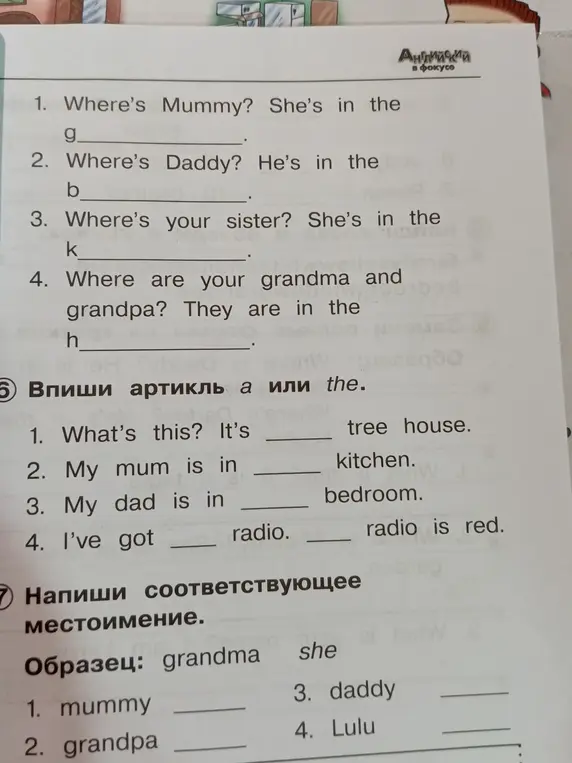 Выполни задания по английскому языку: заполни пропуски словами, артиклями и местоимениями.