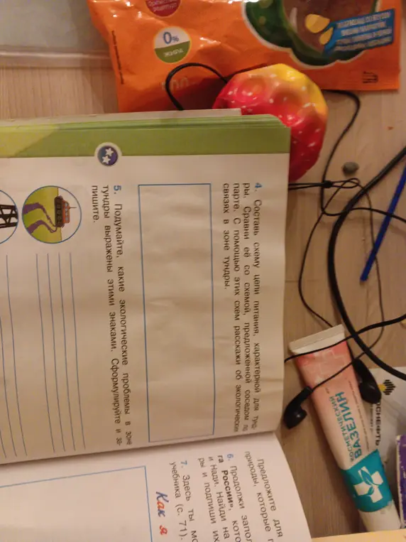 Составь схему цепи питания, характерной для тундры, и подумай, какие экологические проблемы в зоне тундры выражены этими знаками.