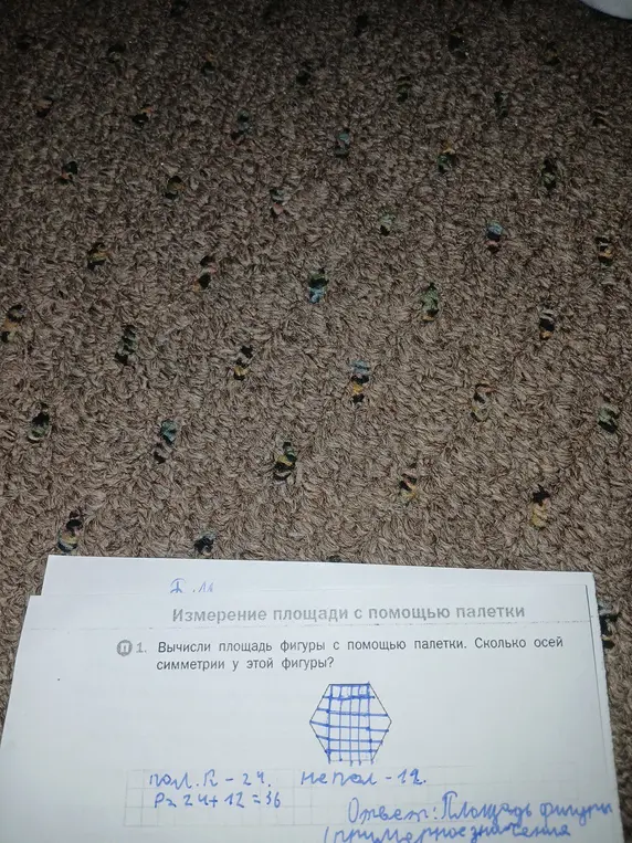 Вычисли площадь фигуры с помощью палетки и определи количество осей симметрии у этой фигуры.