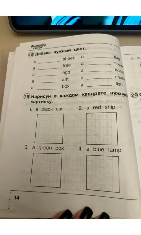 Нарисуй в каждом квадрате нужную картинку: a black cat.