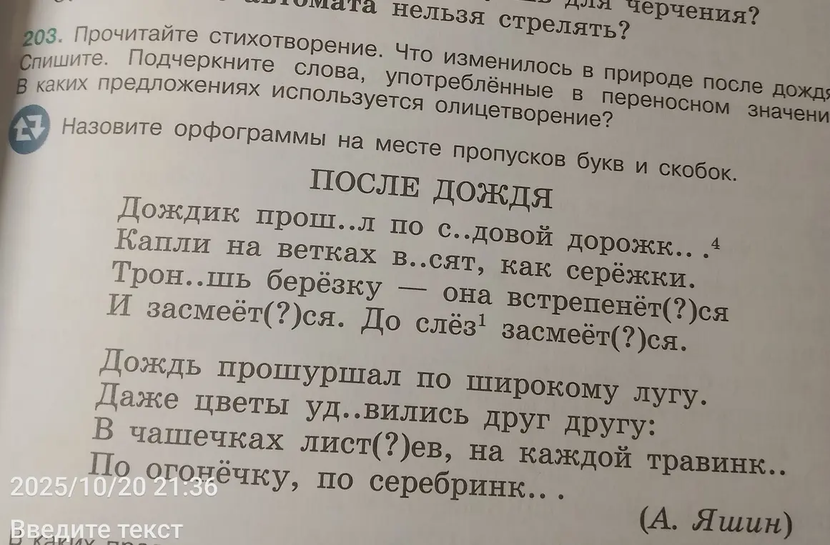 Назови орфограммы на месте пропусков букв и скобок в стихотворении.
