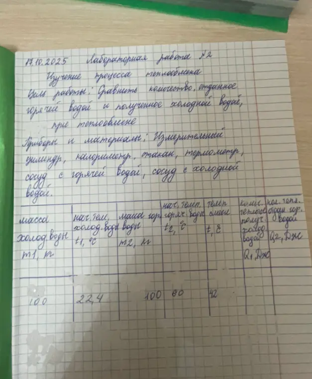Сравни количество теплоты, отданное горячей водой, и количество теплоты, полученное холодной водой при теплообмене.