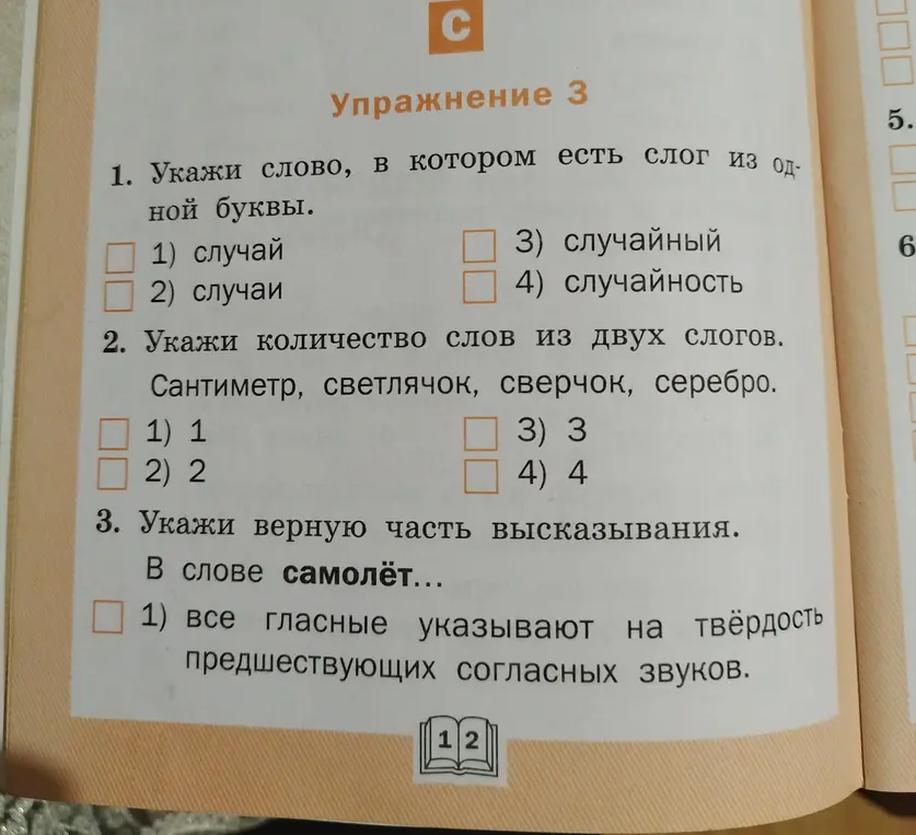 Укажи слово, в котором есть слог из одной буквы. Укажи количество слов из двух слогов. Укажи верную часть высказывания в слове самолёт.