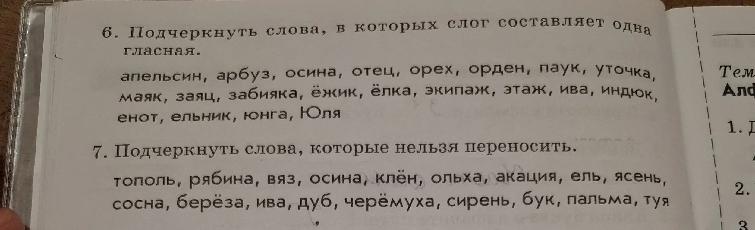 Подчеркни слова, в которых слог составляет одна гласная и слова, которые нельзя переносить.