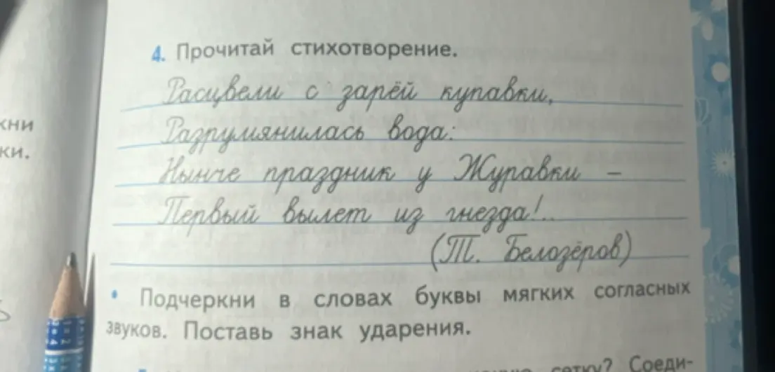 Подчеркни в словах буквы мягких согласных звуков и поставь знак ударения.