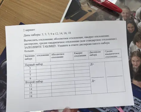 Вычисли отклонение, абсолютное отклонение, квадрат отклонения, дисперсию, среднеквадратичное отклонение и заполни таблицу.