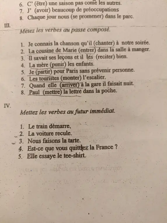 Переведи глаголы в Passé Composé и Futur Immédiat.