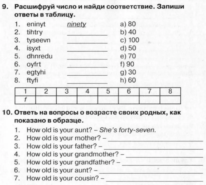 Расшифруй число и найди соответствие. Ответь на вопросы о возрасте своих родных, как показано в образце.