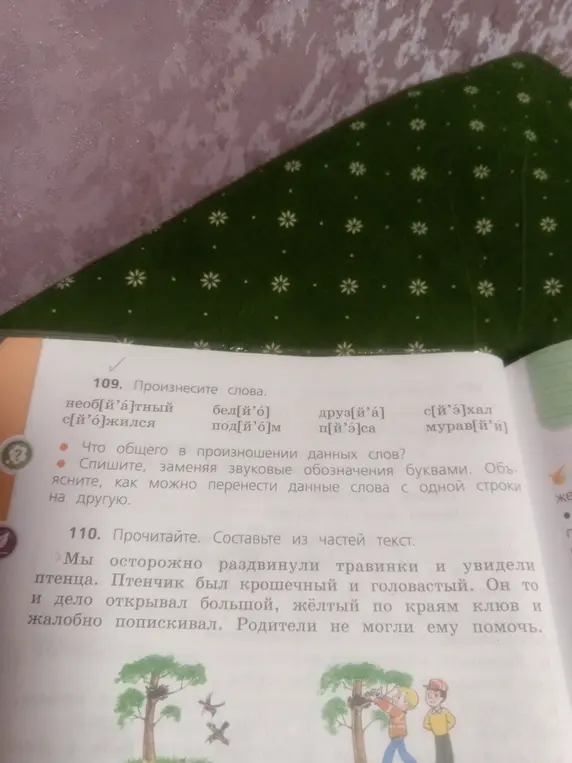 Произнеси слова, скажи, что общего в произношении, спиши, заменяя звуковые обозначения буквами и объясни, как перенести слова с одной строки на другую.