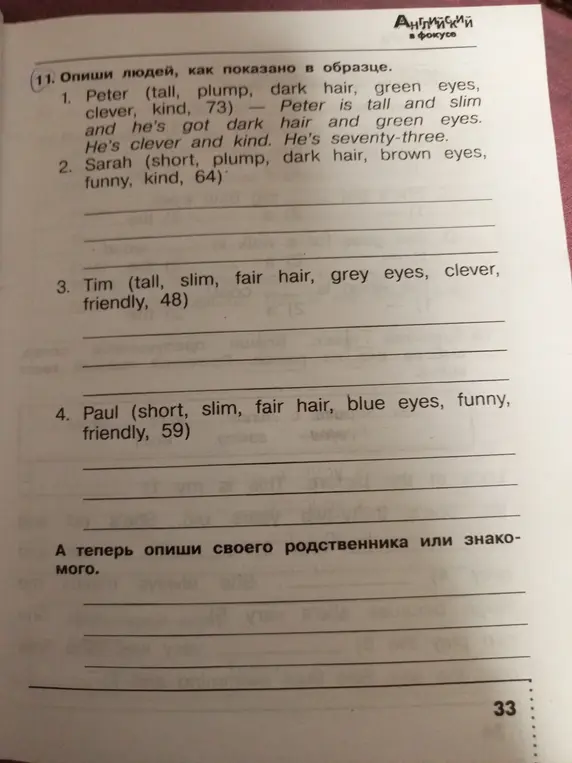 Опиши людей, как показано в образце: 2. Sarah, 3. Tim, 4. Paul