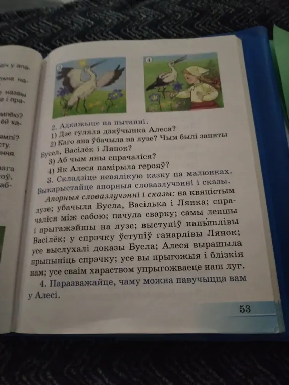 Адказвай на пытанні па беларускай мове: дзе гуляла дзяўчынка Алеся, каго яна ўбачыла на лузе, аб чым яны спрачаліся, як Алеся памірыла герояў.
