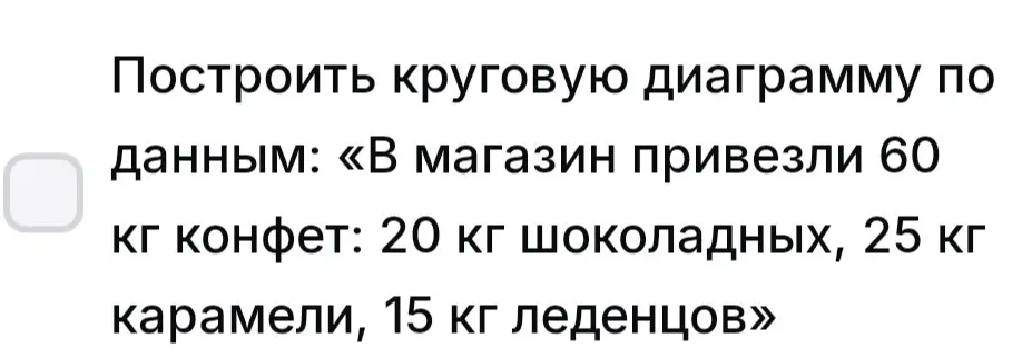Построй круговую диаграмму по данным: в магазин привезли 60 кг конфет: 20 кг шоколадных, 25 кг карамели, 15 кг леденцов.