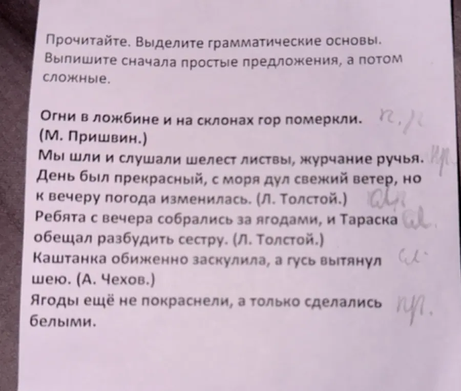 Прочитай текст, выдели грамматические основы, выпиши сначала простые предложения, а потом сложные.