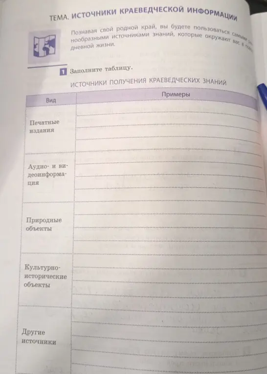 Заполни таблицу 'Источники получения краеведческих знаний'.