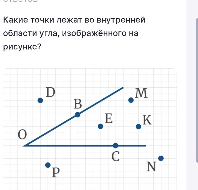 Определи, какие точки лежат во внутренней области угла, изображённого на рисунке.