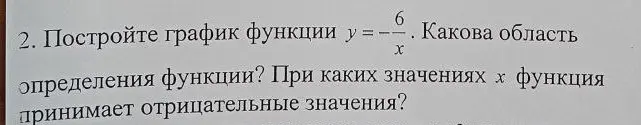 Построй график функции y = -6/x, определи область определения функции и при каких значениях x функция принимает отрицательные значения.