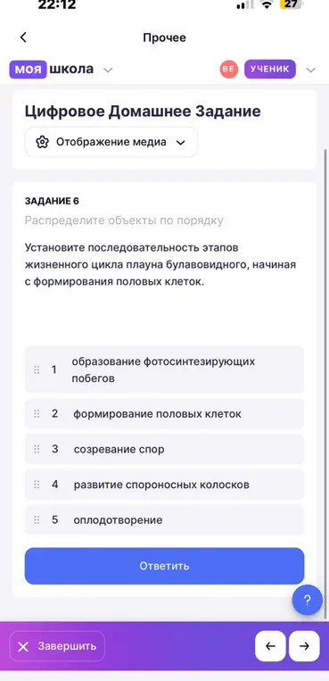Установи последовательность этапов жизненного цикла плауна булавовидного, начиная с формирования половых клеток.
