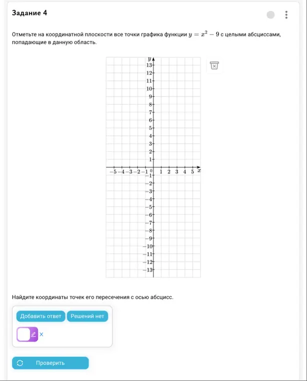 Отметь на координатной плоскости все точки графика функции y = x² — 9 с целыми абсциссами, попадающие в данную область и найди координаты точек его пересечения с осью абсцисс.