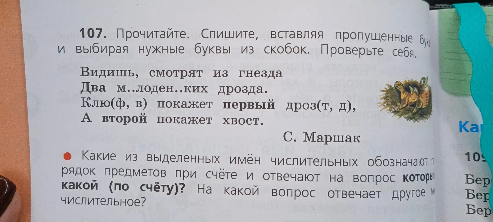 Спиши, вставляя пропущенные буквы и выбирая нужные буквы из скобок. Определи, какие из выделенных имён числительных обозначают порядок предметов при счёте и отвечают на вопрос какой (по счёту)? На какой вопрос отвечает другое имя числительное?
