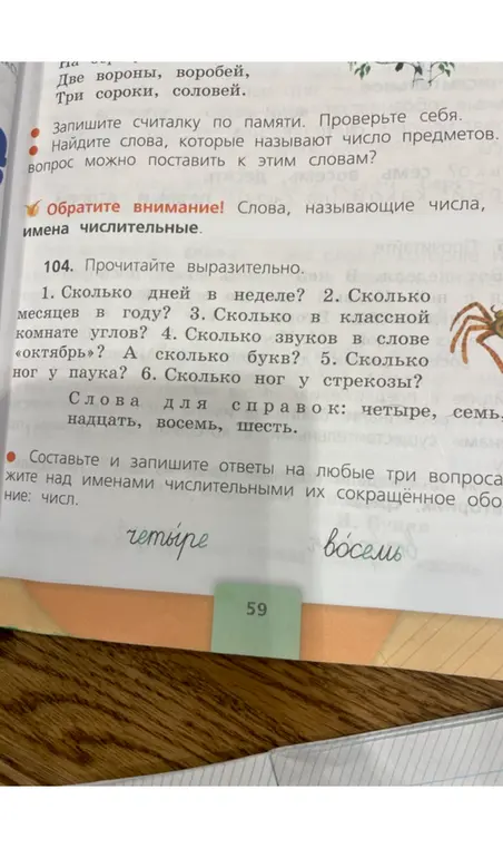 Составь и запиши ответы на любые три вопроса, укажи над именами числительными их сокращённое обозначение.