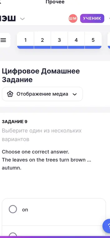 Выбери один из нескольких вариантов. Choose one correct answer. The leaves on the trees turn brown ... autumn.