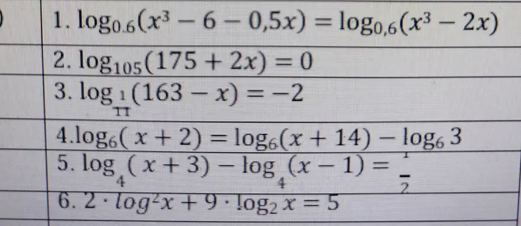 Реши логарифмические уравнения: 1. log₀.₆(x³-6-0,5x) = log₀.₆(x³-2x)