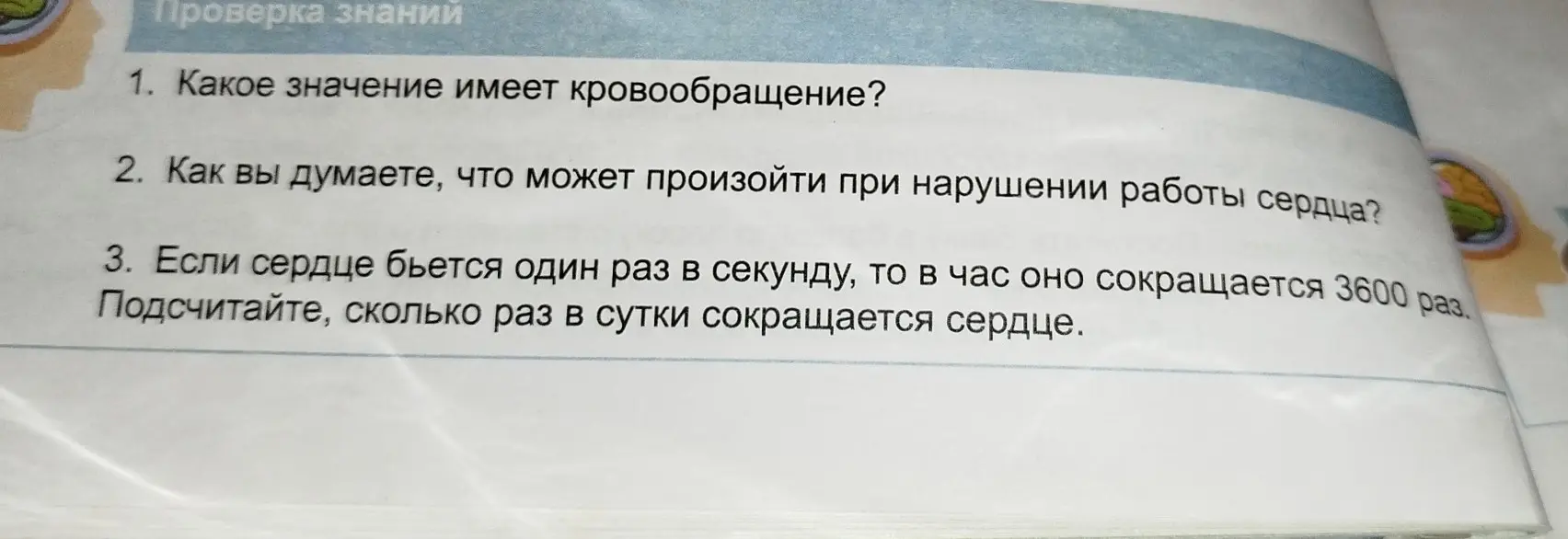 Ответь на вопросы: какое значение имеет кровообращение, что может произойти при нарушении работы сердца, и сколько раз в сутки сокращается сердце, если оно бьется один раз в секунду.