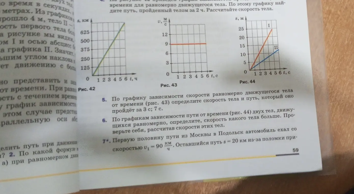По графику зависимости скорости равномерно движущегося тела от времени, определи скорость тела и путь, который оно пройдёт за 3 с; 7 с.