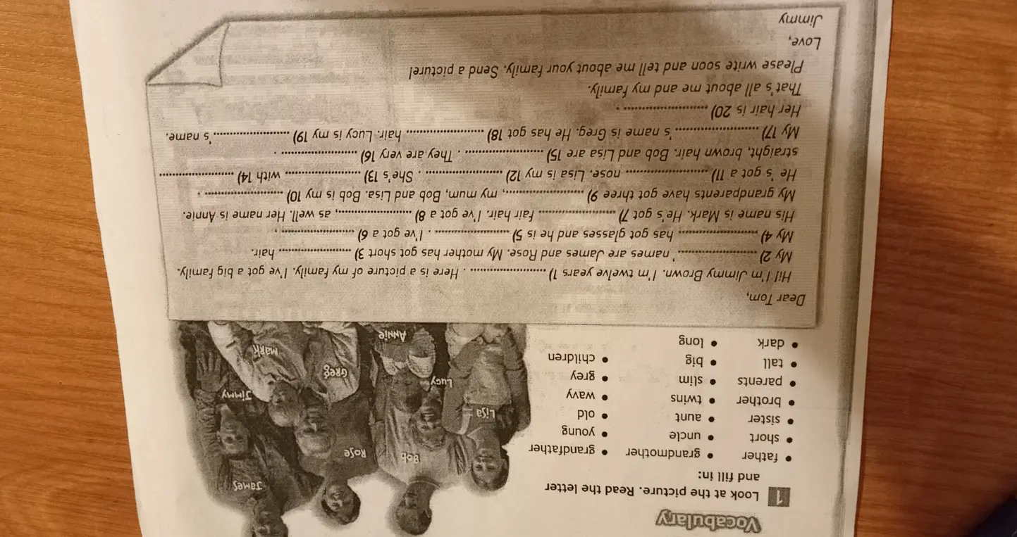 Посмотри на картинку, прочитай письмо и заполни пропуски.