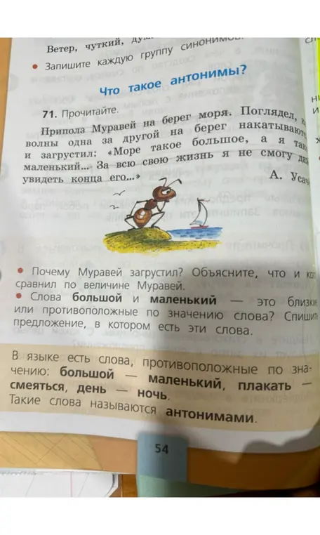 Объясни, почему Муравей загрустил и определи, близкие или противоположные по значению слова «большой» и «маленький».
