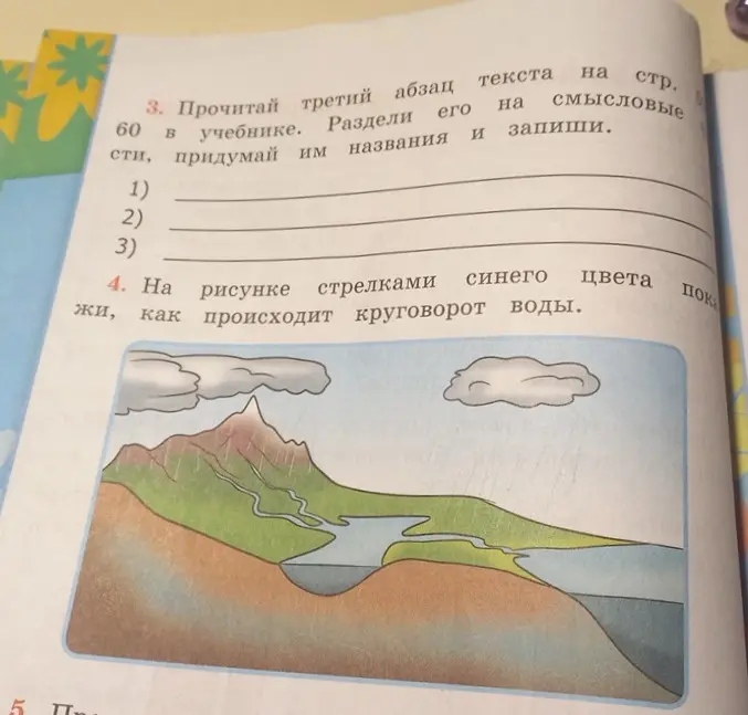Прочитай третий абзац текста на стр. 60 в учебнике. Раздели его на смысловые части, придумай им названия и запиши.