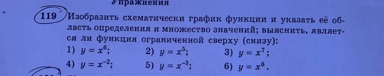 Изобрази схематически график функции и укажи её область определения и множество значений; выясни, является ли функция ограниченной сверху (снизу): 1) y = x⁶