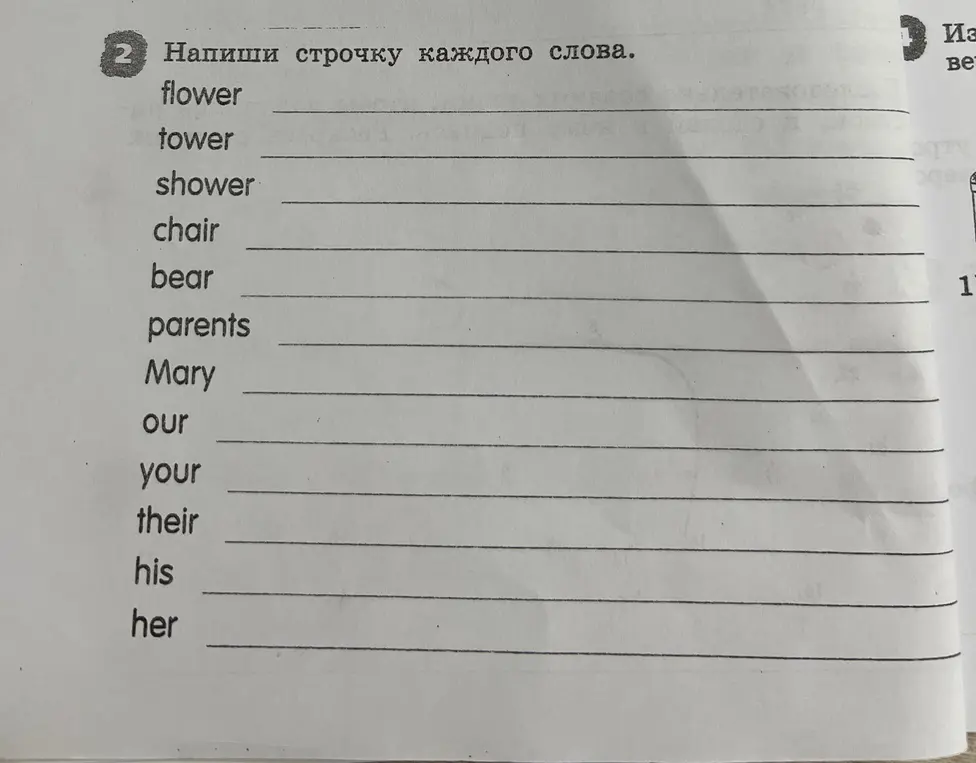 Напиши строчку каждого слова.
