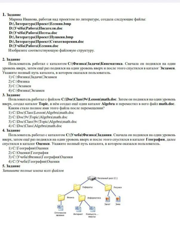 Изобрази файловую структуру, укажи полные пути каталогов и имена файлов.