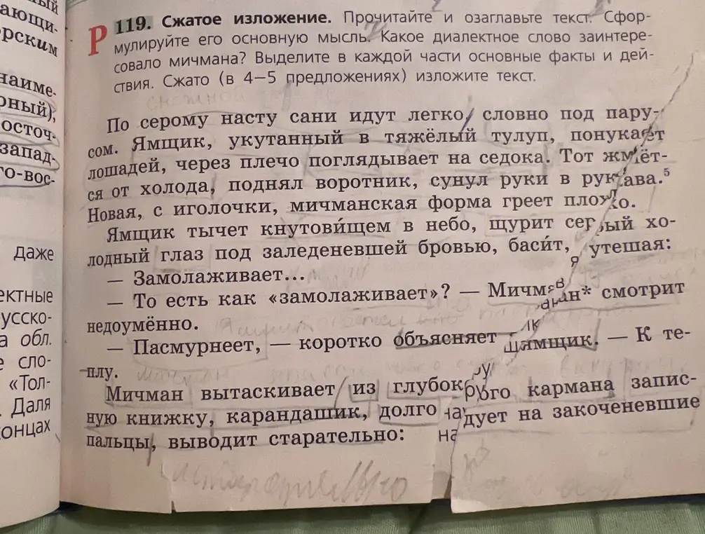 Сформулируй основную мысль текста про зимнюю дорогу и выдели диалектное слово.