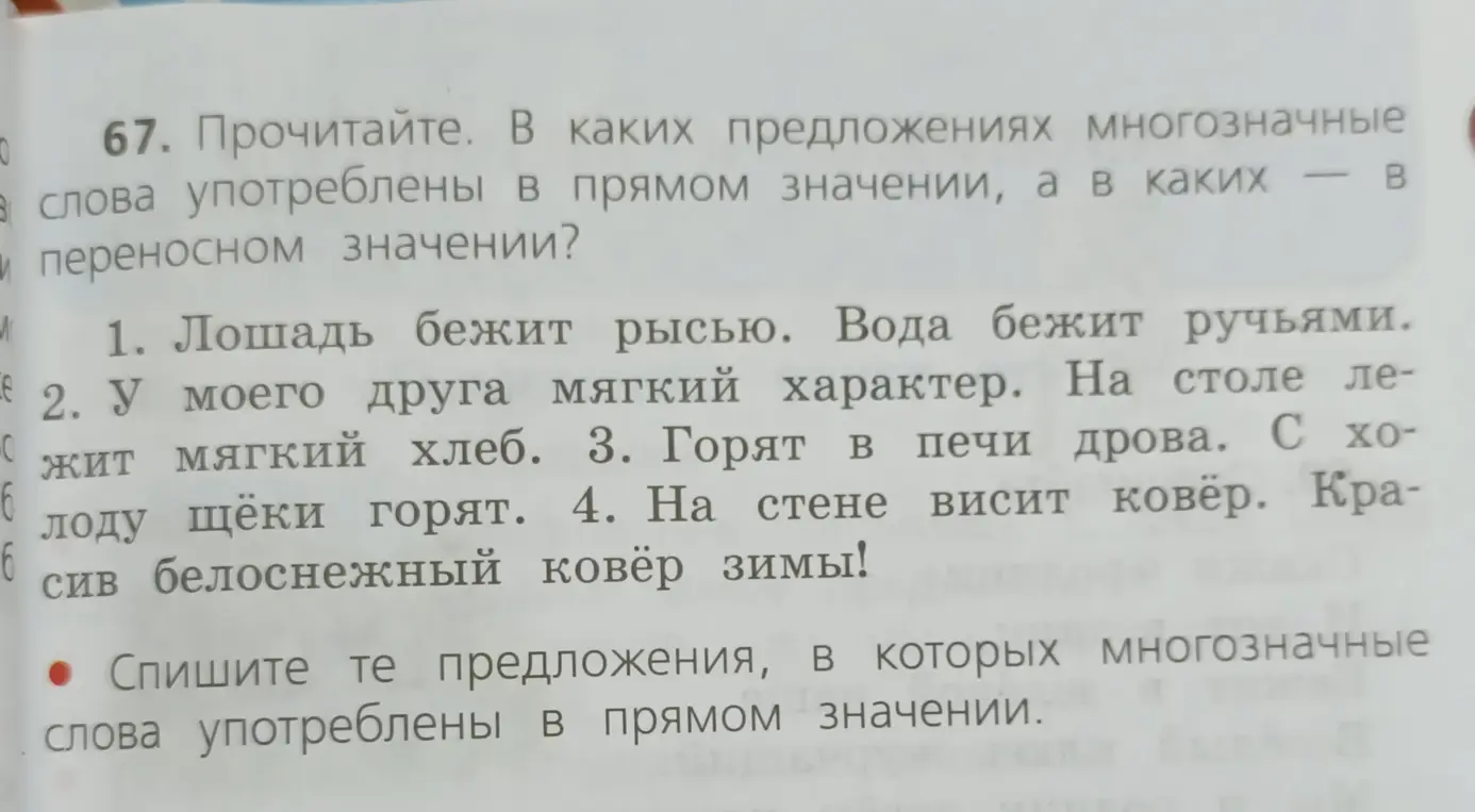 Определи, в каких предложениях многозначные слова употреблены в прямом значении.