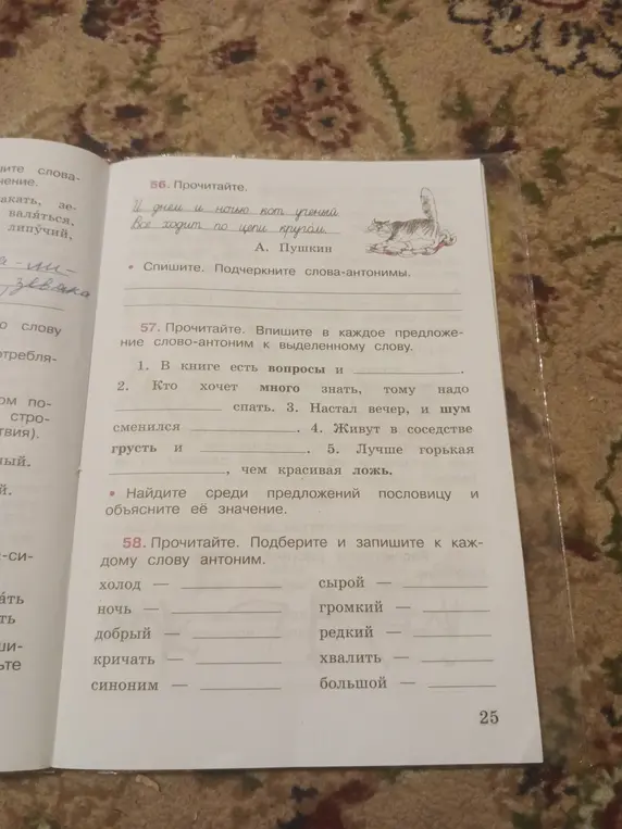 Впиши в каждое предложение слово-антоним к выделенному слову; найди среди предложений пословицу и объясни её значение; подбери и запиши к каждому слову антоним.