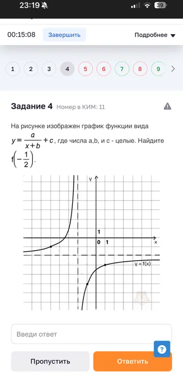 Найди значение функции $f(-\frac{1}{2})$, если известен график функции $y = \frac{a}{x+b} + c$, где числа $a, b, c$ - целые.