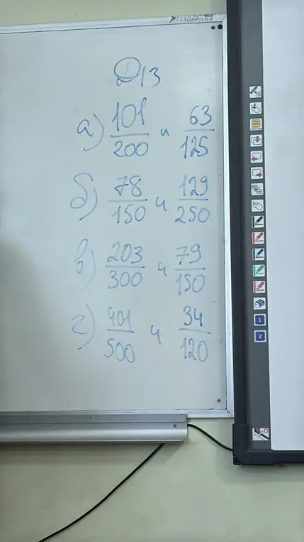 Реши примеры на сравнение дробей: 101/200 и 63/125; 78/150 и 129/250; 203/300 и 79/150; 401/500 и 34/120.