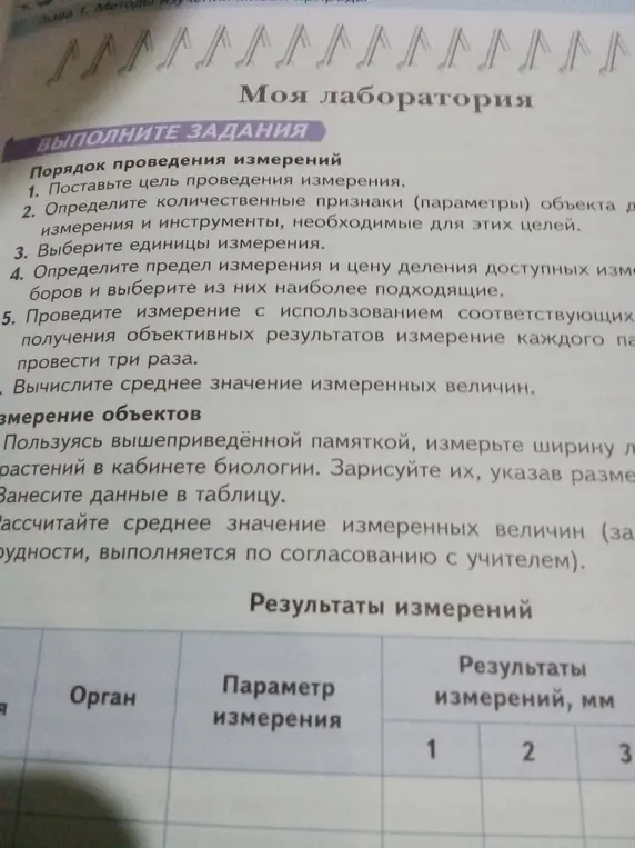 Выполни лабораторную работу по измерению ширины листьев растений и занеси данные в таблицу.