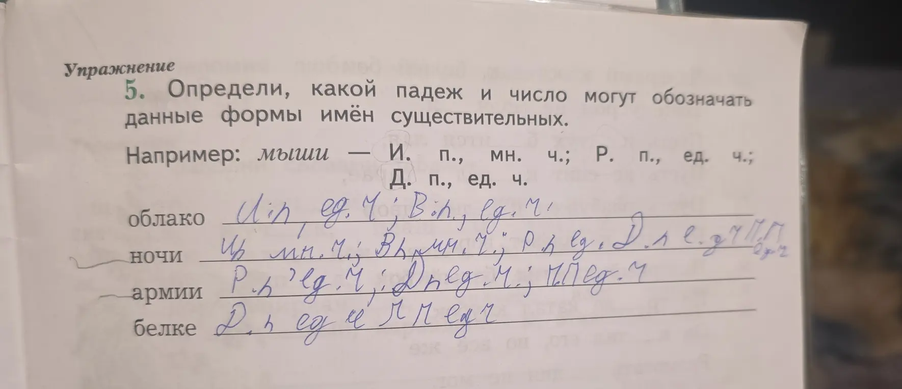 Определи падеж и число для слов: облако, ночи, армии, белке.