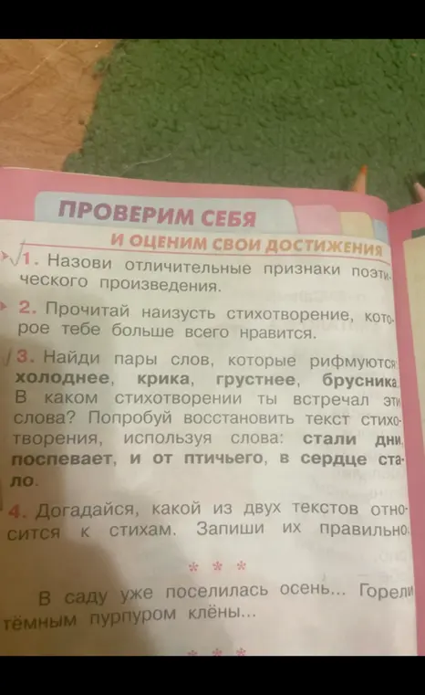 Найди пары слов, которые рифмуются: холоднее, крика, грустнее, брусника. Догадайся, какой из двух текстов относится к стихам.