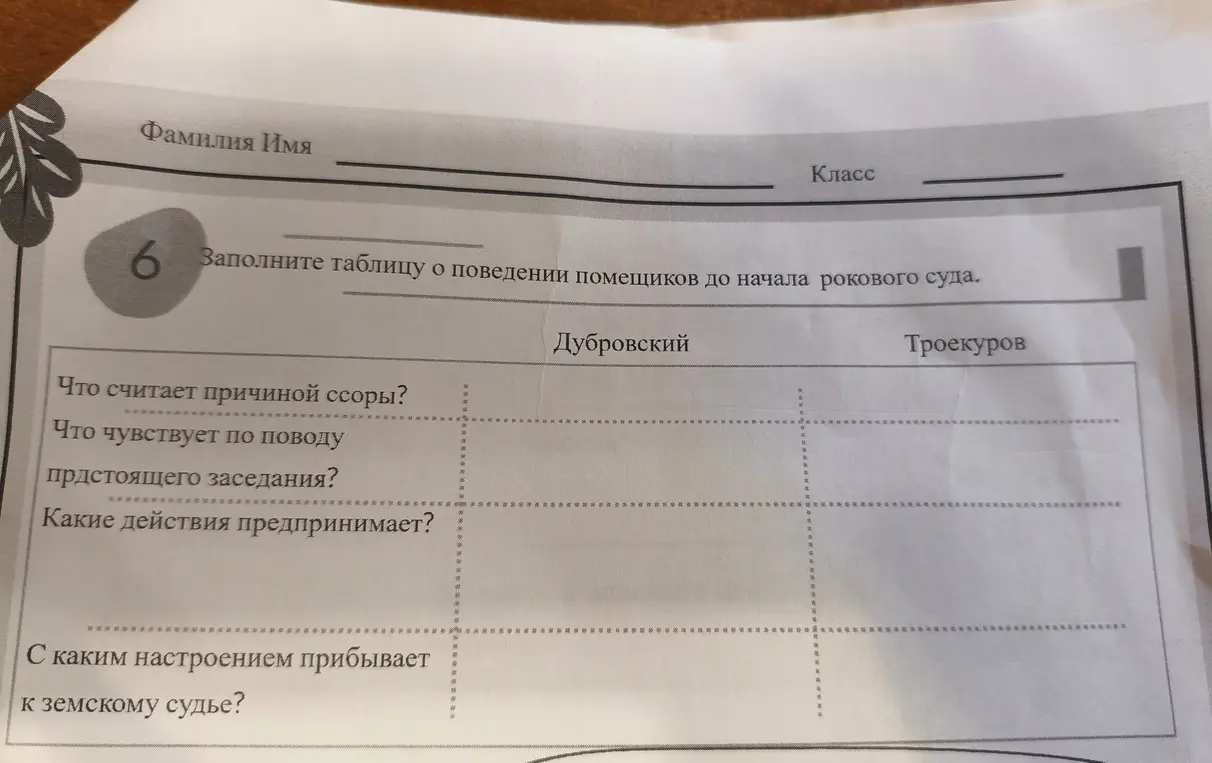 Заполни таблицу о поведении помещиков Дубровского и Троекурова до начала рокового суда.