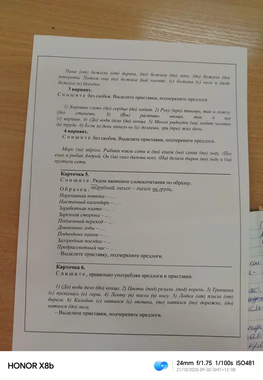 Спиши текст без скобок и выдели приставки, подчеркни предлоги.