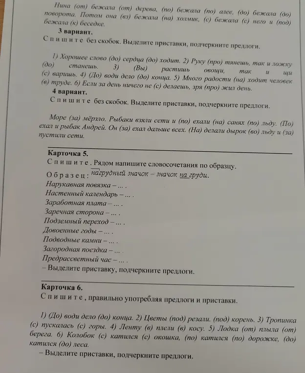 Выполни задания по русскому языку: спиши текст, вставляя подходящие предлоги и приставки, выдели приставки и подчеркни предлоги.