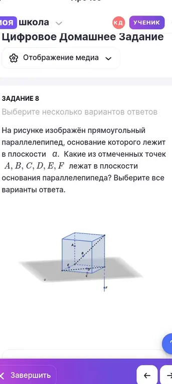 Какие из отмеченных точек A, B, C, D, E, F лежат в плоскости основания параллелепипеда?