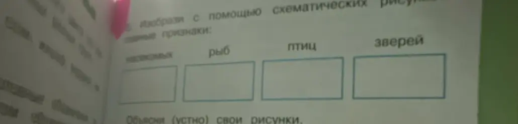 Изобрази с помощью схематических рисунков главные признаки насекомых, рыб, птиц, зверей.