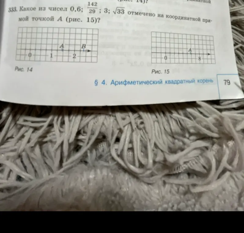Определи, какое из чисел $0,6; \frac{142}{29}; 3; \sqrt{33}$ отмечено на координатной прямой точкой А (рис. 15).